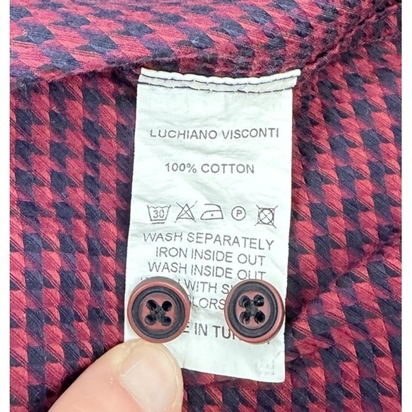 Luchiano Visconti Shirt Men XL Maroon Navy Houndstooth Long Sleeve Button Up - Picture 8 of 9